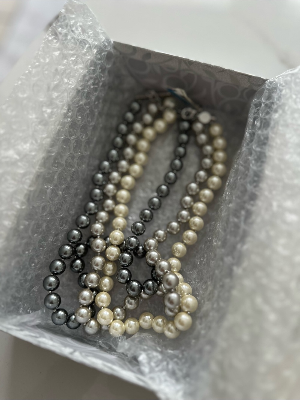 Macy's Three-Strand Pearl Necklace in White & Gunmetal - Picture 2 of 3